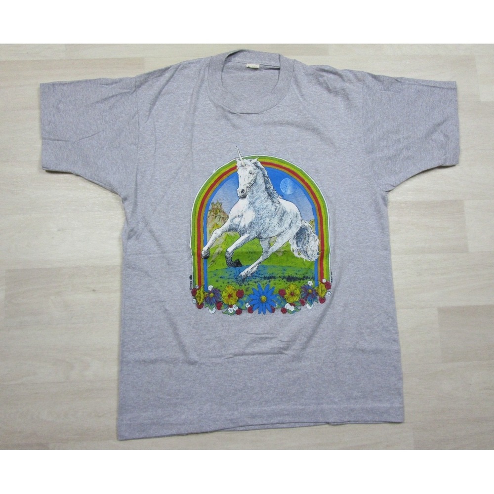 Vintage 80s Unicorn Rainbow T-Shirt (L) Single Stitch Whimsical Screen Stars